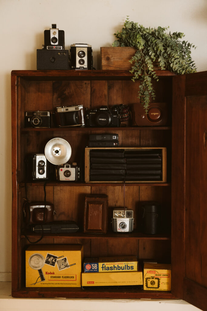 vintage camera collection in Laura Mares Photography Studio