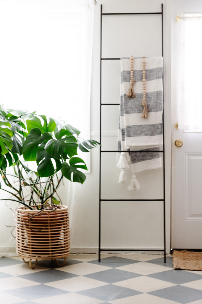 black ladder with a striped blanket and a monstera plant