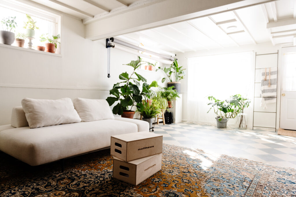 bohemian studio with apple boxes, house plants, persian rug and natural light