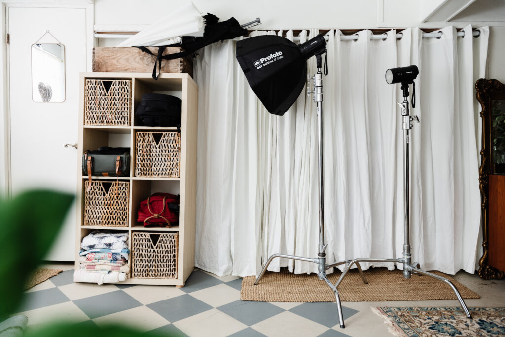 strobes, checkered floor, storage in bohemian studio