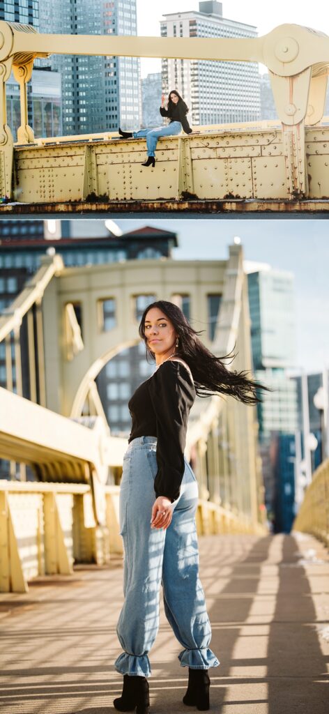 senior portraits of a girl at sunset on the Pittsburgh's famous yellow bridge
