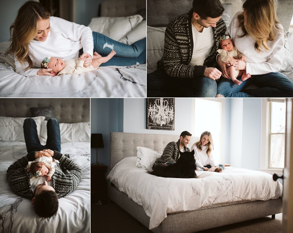 lifestyle portraits at home with newborn baby in master bedroom in Pittsburgh