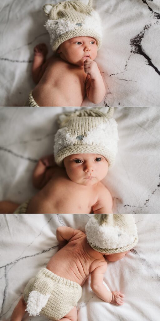 lifestyle portraits at home of newborn baby waring a fox hat in Pittsburgh