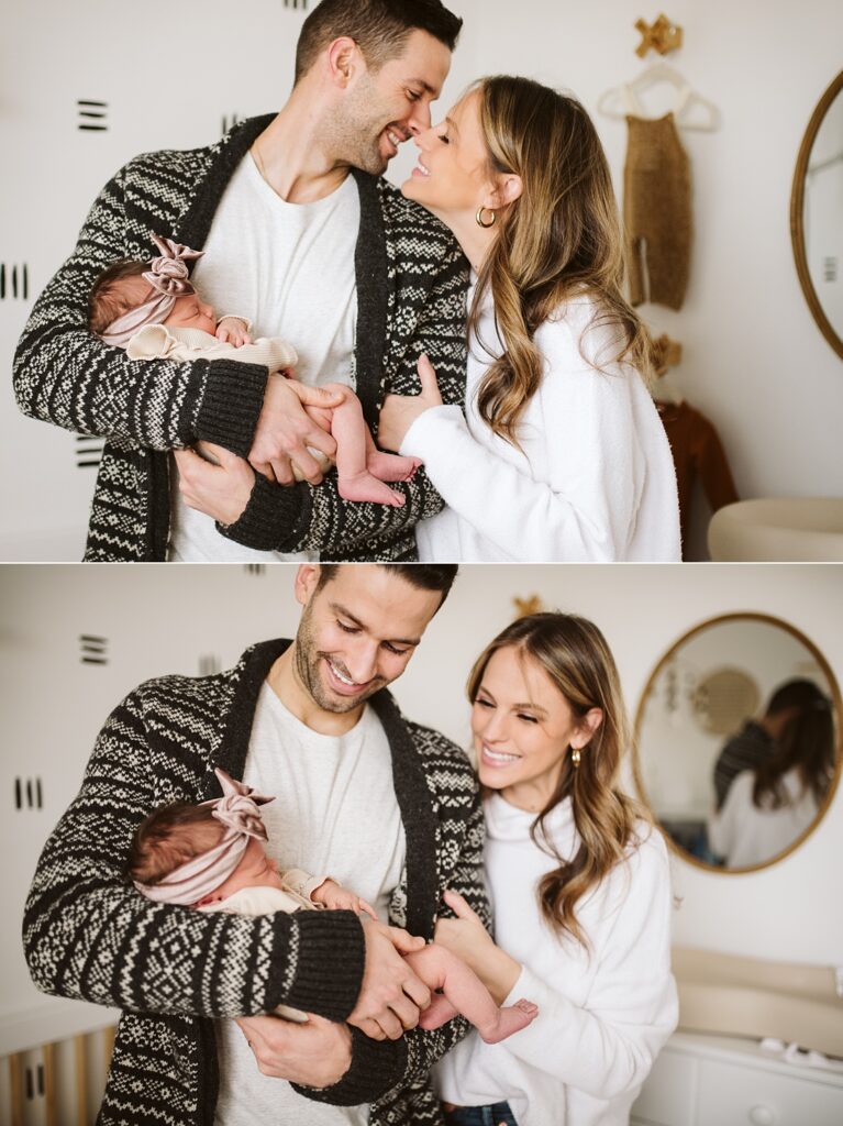 lifestyle portraits of parents holding newborn baby in modern boho nursery near Pittsburgh, PA