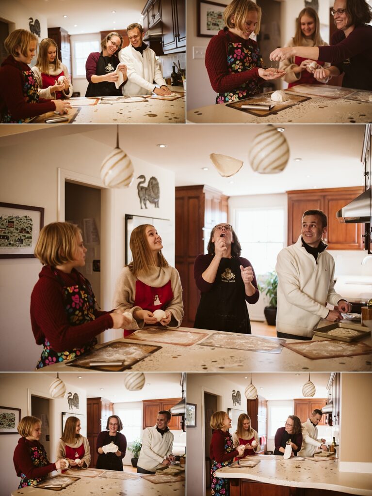 lifestyle images of a family making pizza in the kitchen