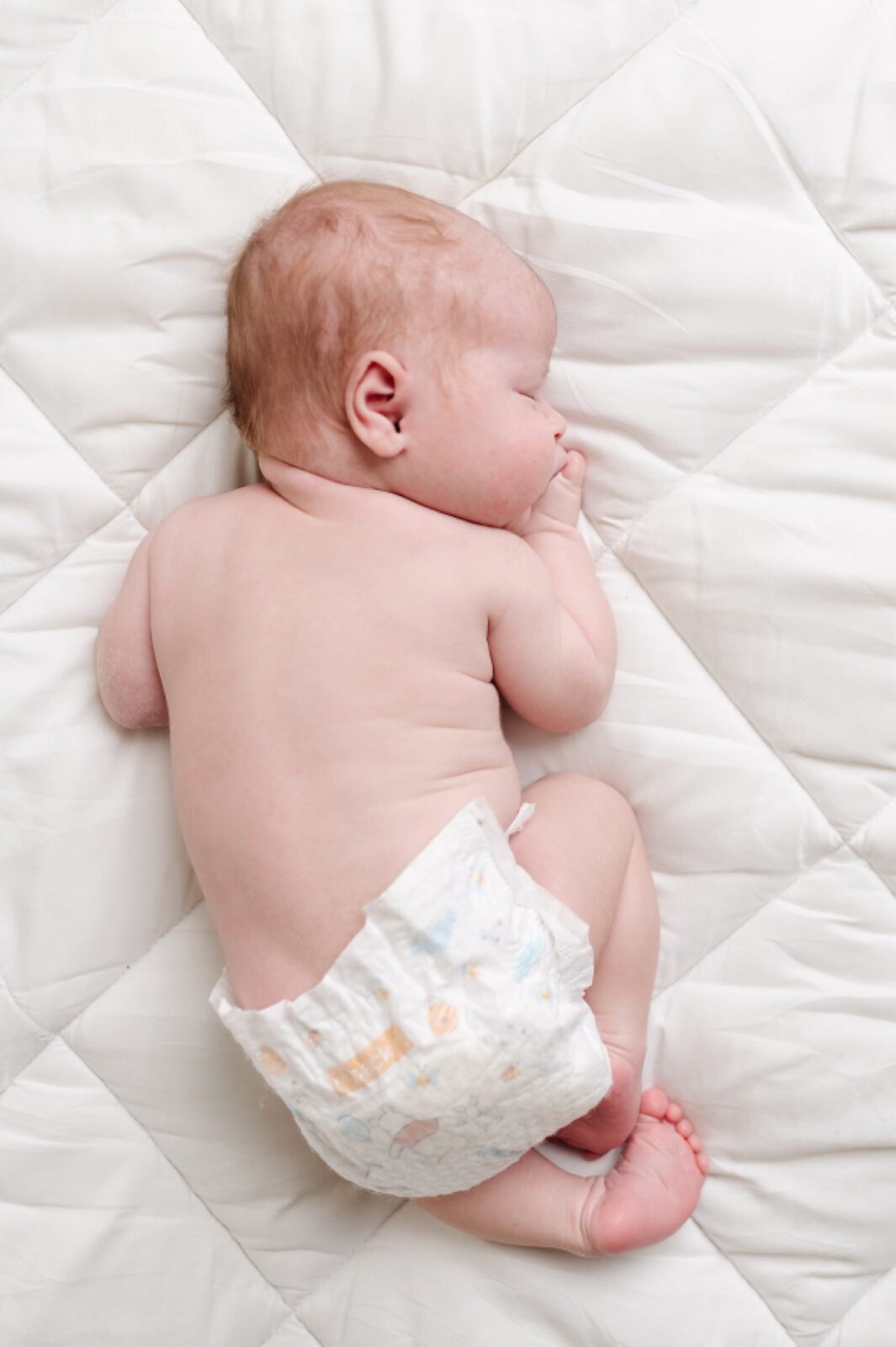 simple white studio newborn portrait featuring baby's back wrinkles