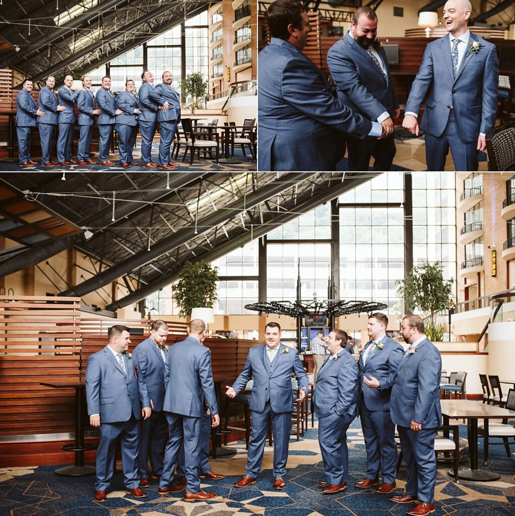 Groom and groomsmen in the hotel lobby before the wedding