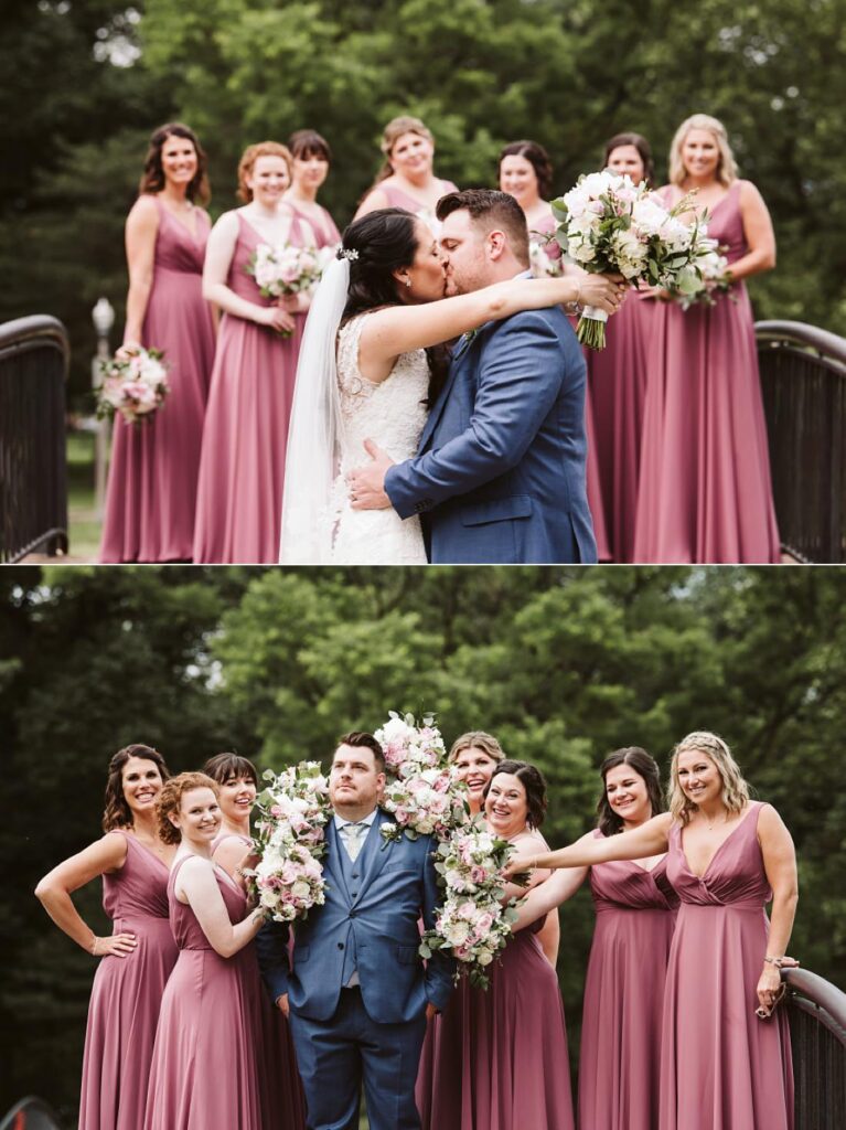 Bride and Groom with Bridesmaids in Allegheny Commons, Pittsburgh