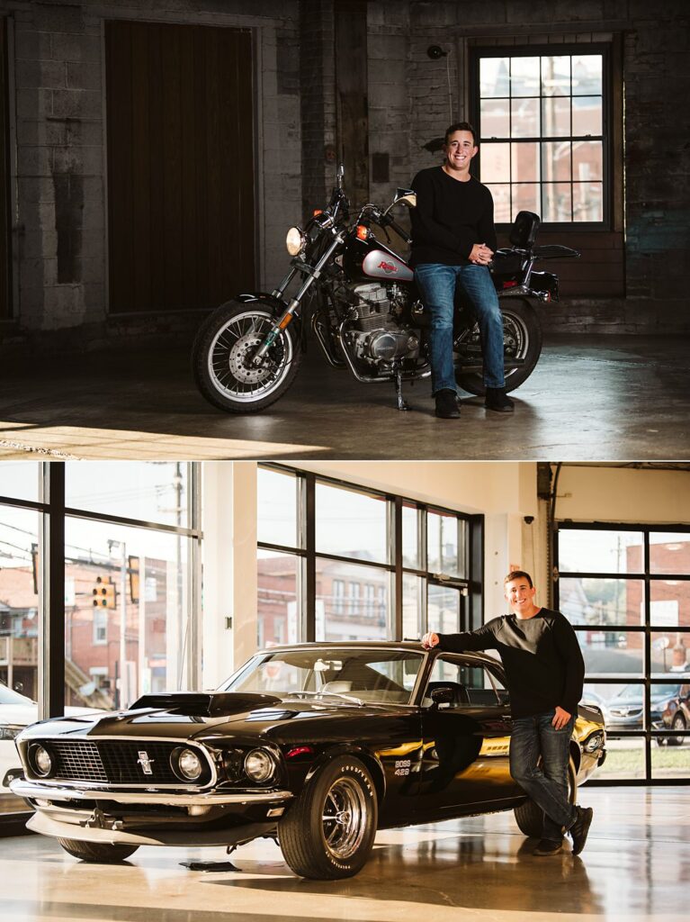 Senior guy photos with motorcycle and mustang
