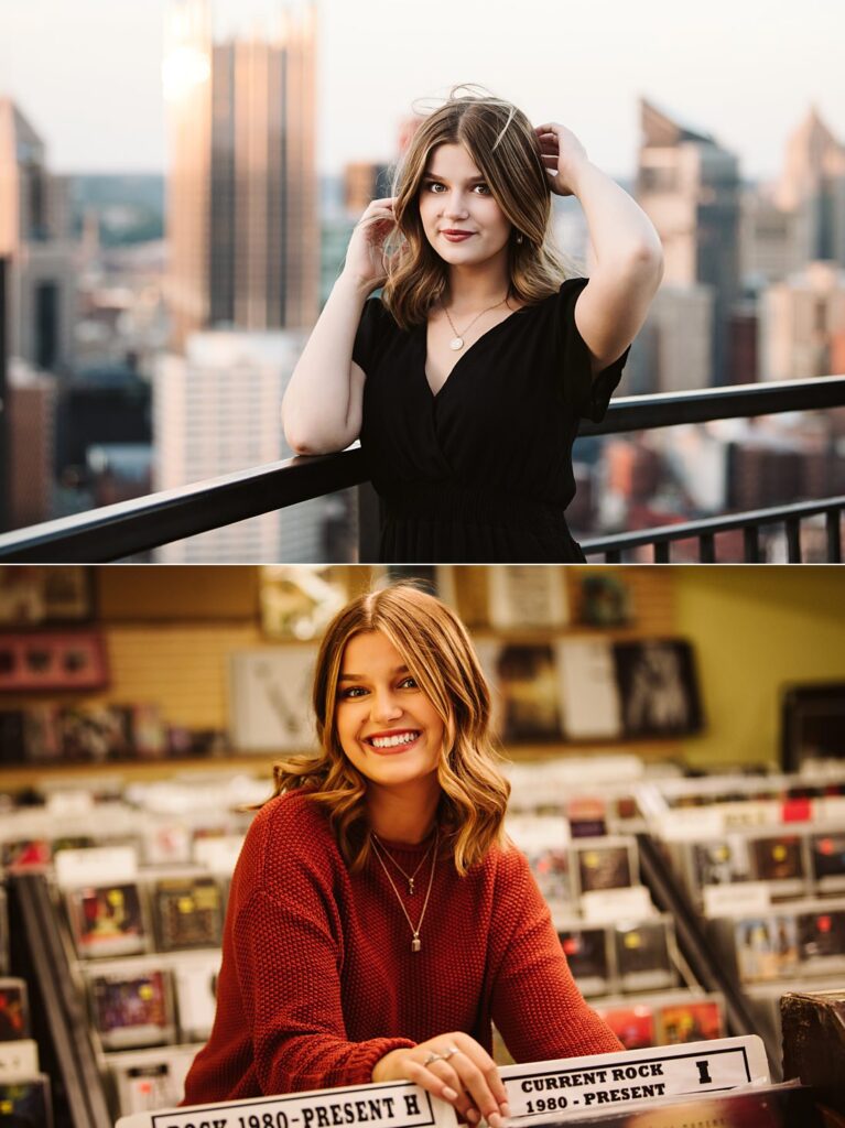 Senior girl photos on Mt. Washington and in a record shop in Pittsburgh
