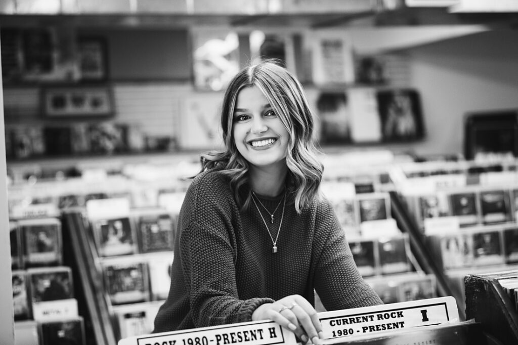 black and white senior girl portrait record store Pittsburgh