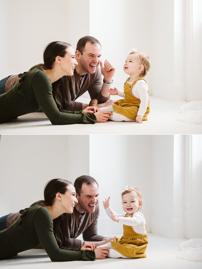 first birthday portrait of baby girl with parents