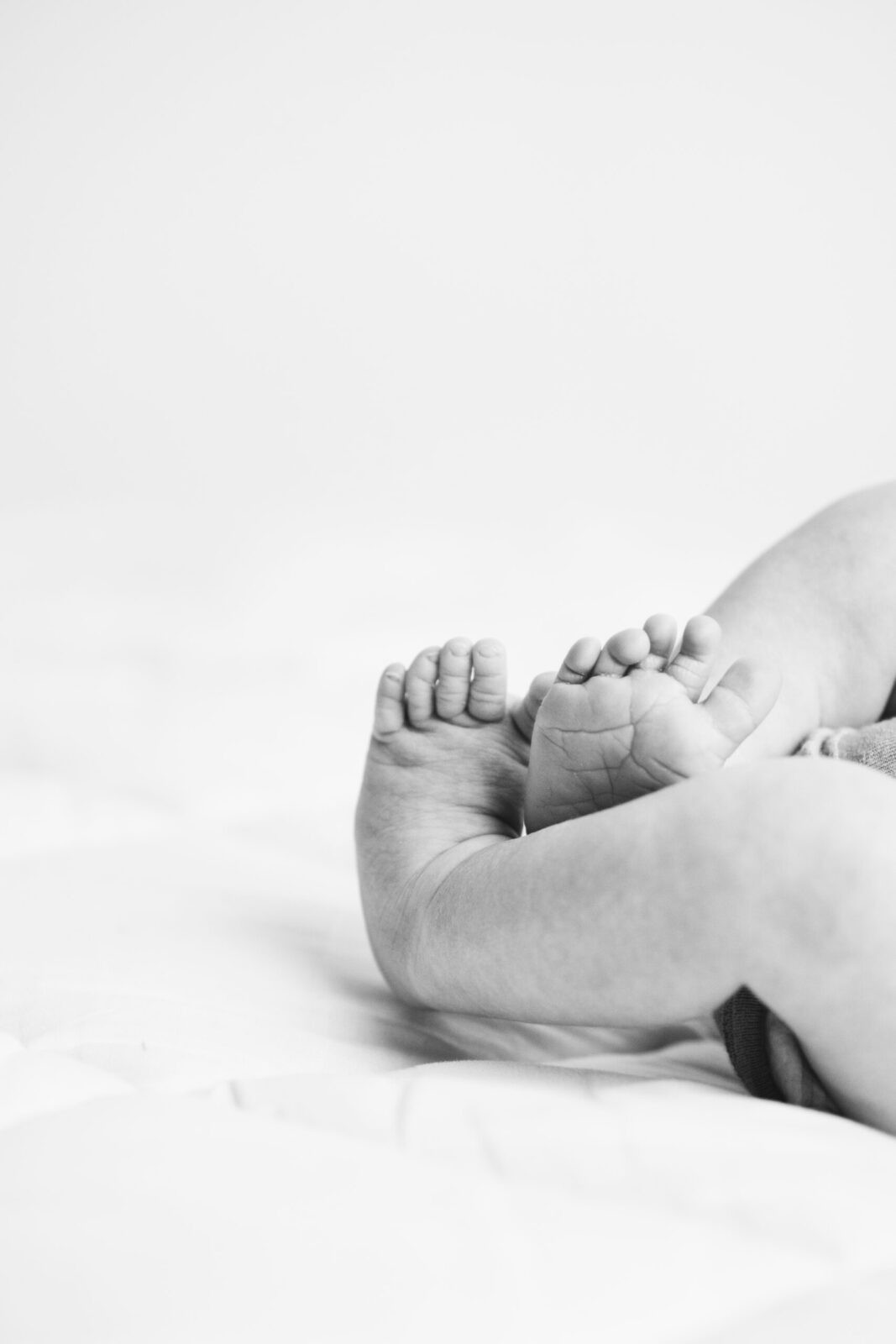 black and white portrait of newborn baby toes