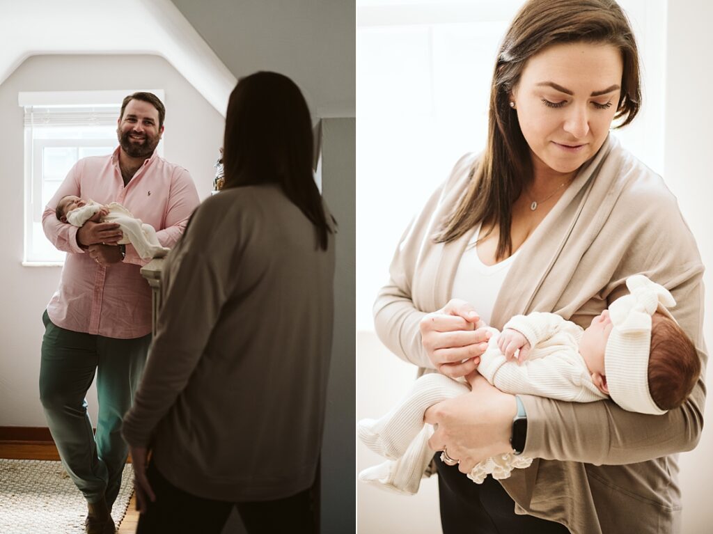 newborn lifestyle picture of family holding baby near a window