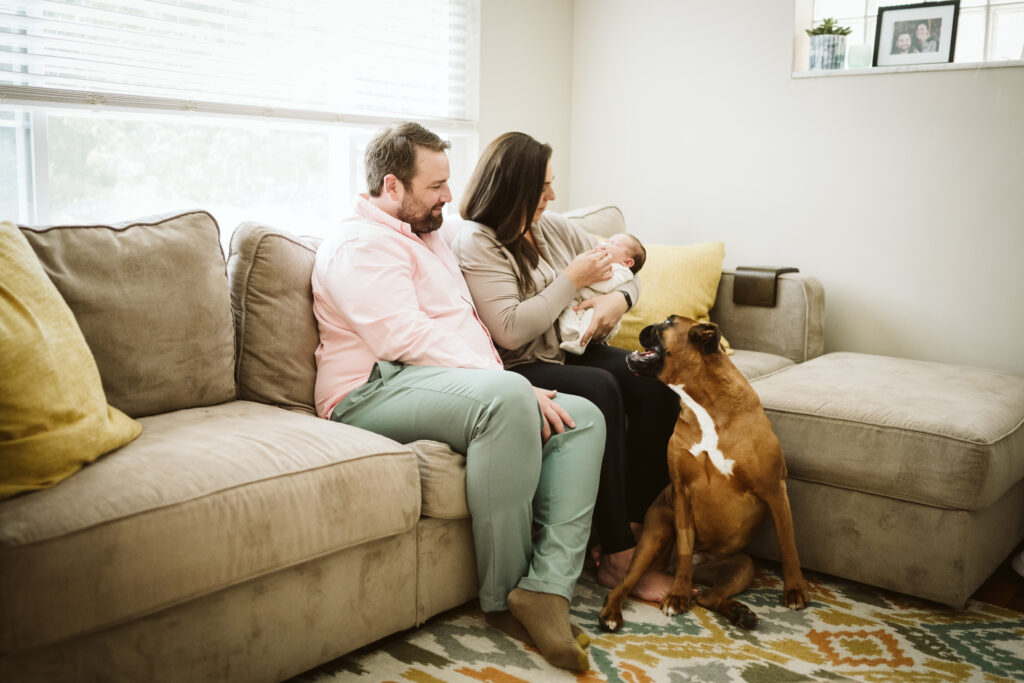 newborn lifestyle picture of family holding baby with dog in living room