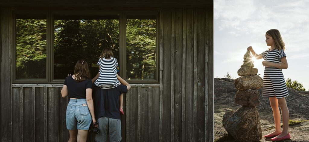 Kids looking in a cabin window, Acadia National Park, Maine