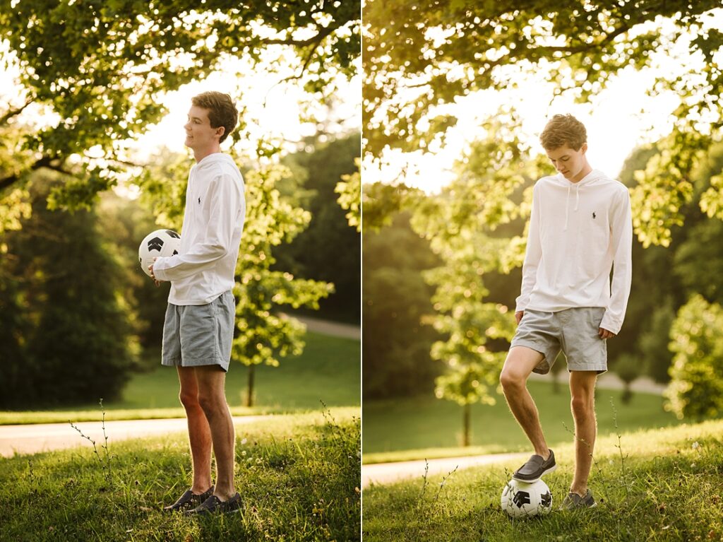 senior guy playing soccer in nature during golden hour