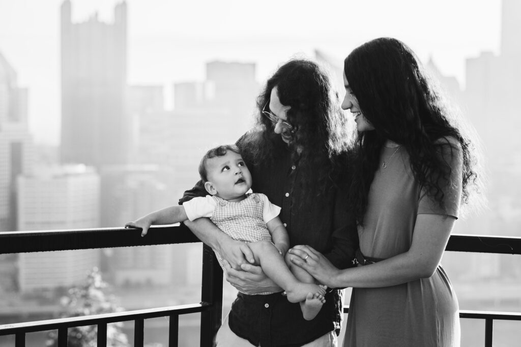 black and white portrait of family on Mt. Washington