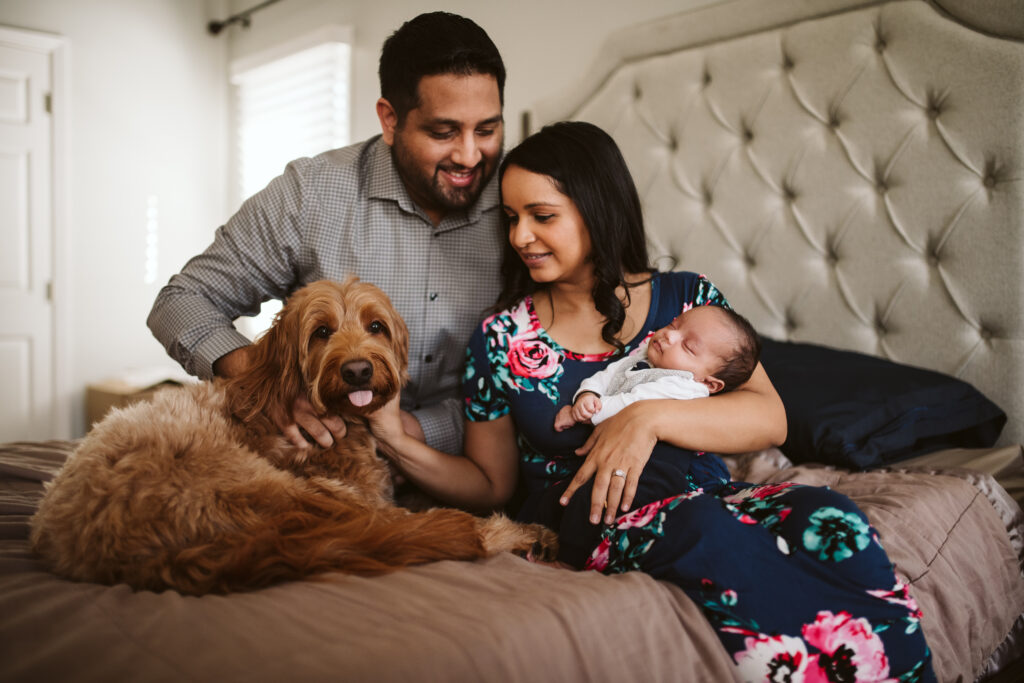 newborn lifestyle picture of family holding baby with dog in bed room