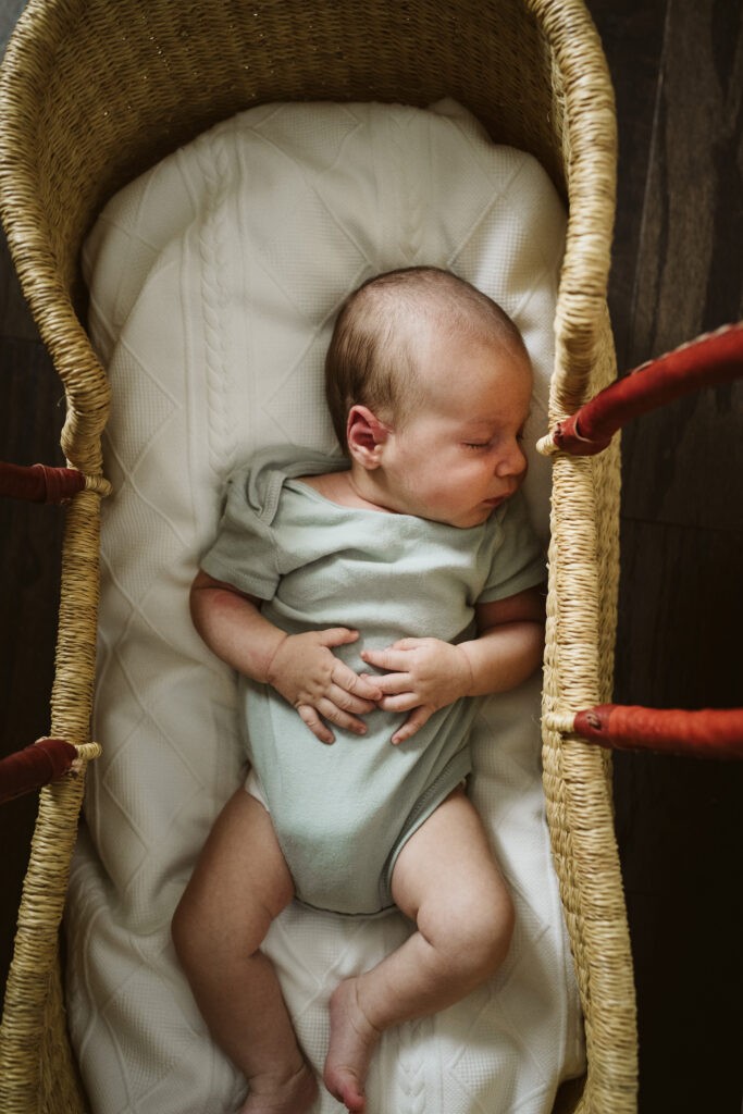 newborn baby laying in Moses basket