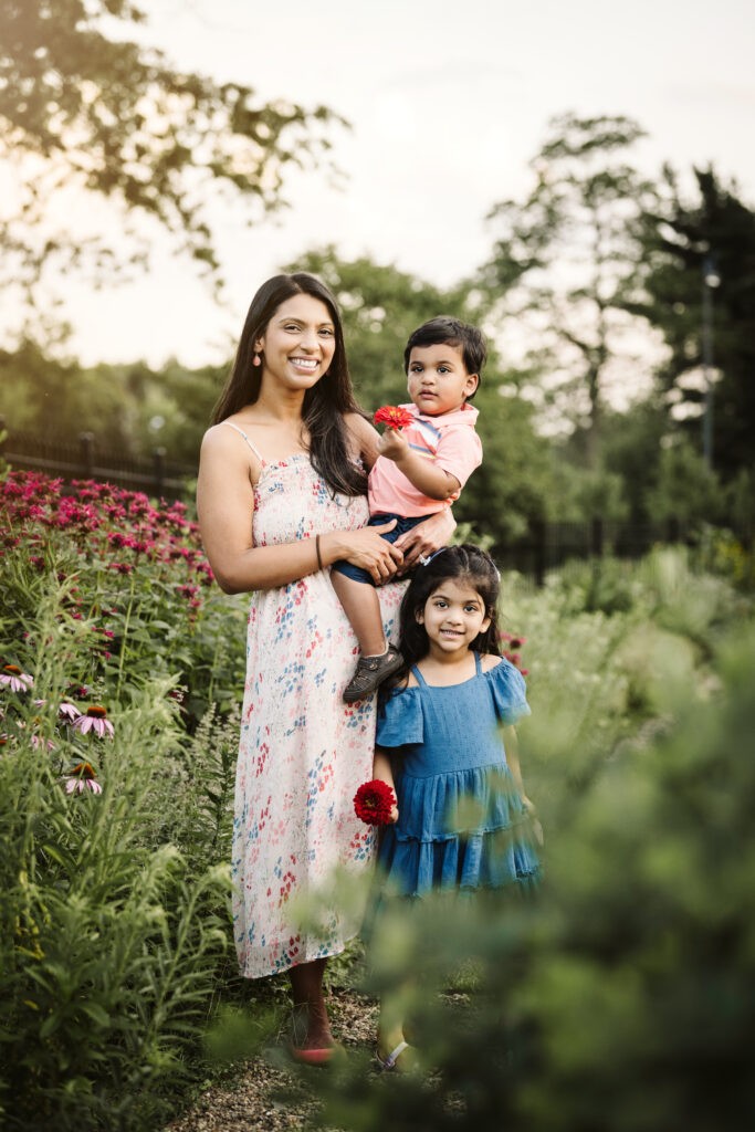 mother and children in a flower field near Pittsburgh