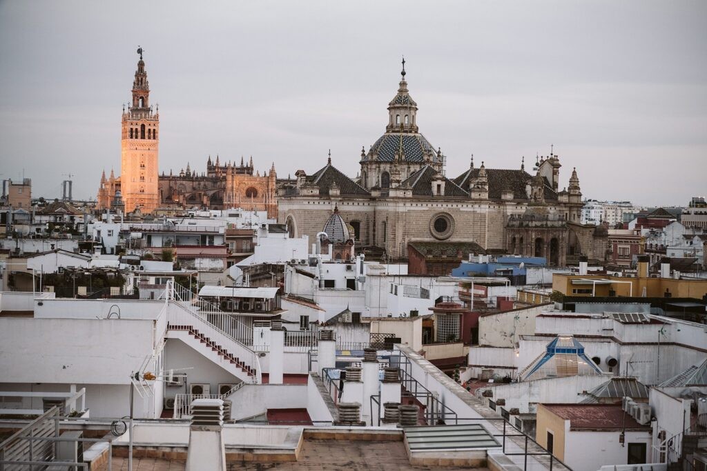 View of the Cathedral in Seville from a rooftop restaurant