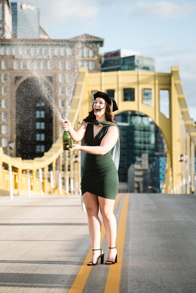 Champagne spray, senior photo Roberto Clemente bridge Pittsburgh