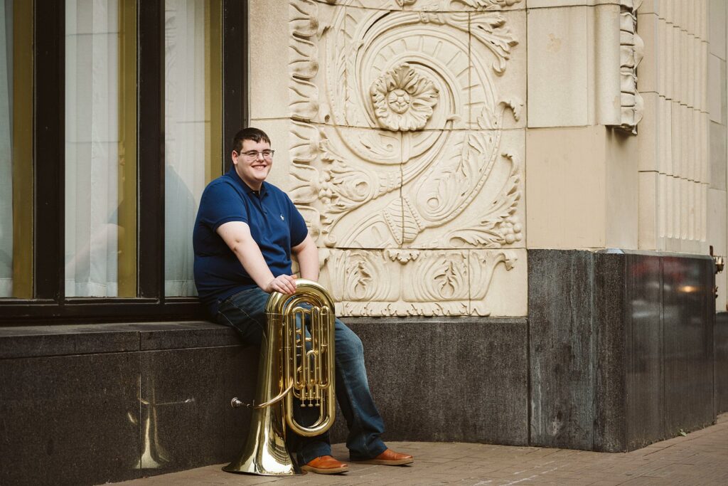 senior guy portrait with tuba in Pittsburgh