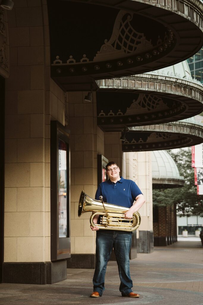 senior guy portrait with tuba in Pittsburgh