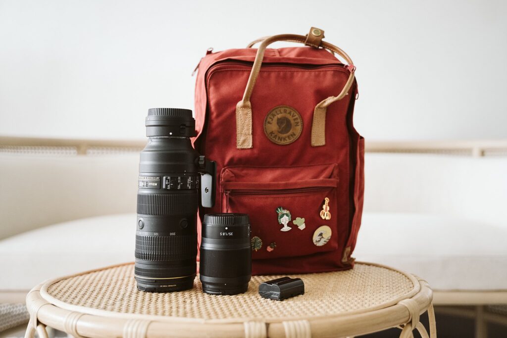 Pittsburgh Photographer's Nikon camera, lenses, and Fjallraven as camera bag