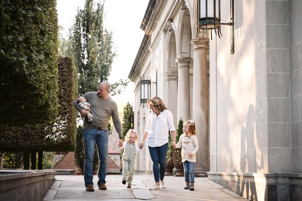 family of five walking fall portrait