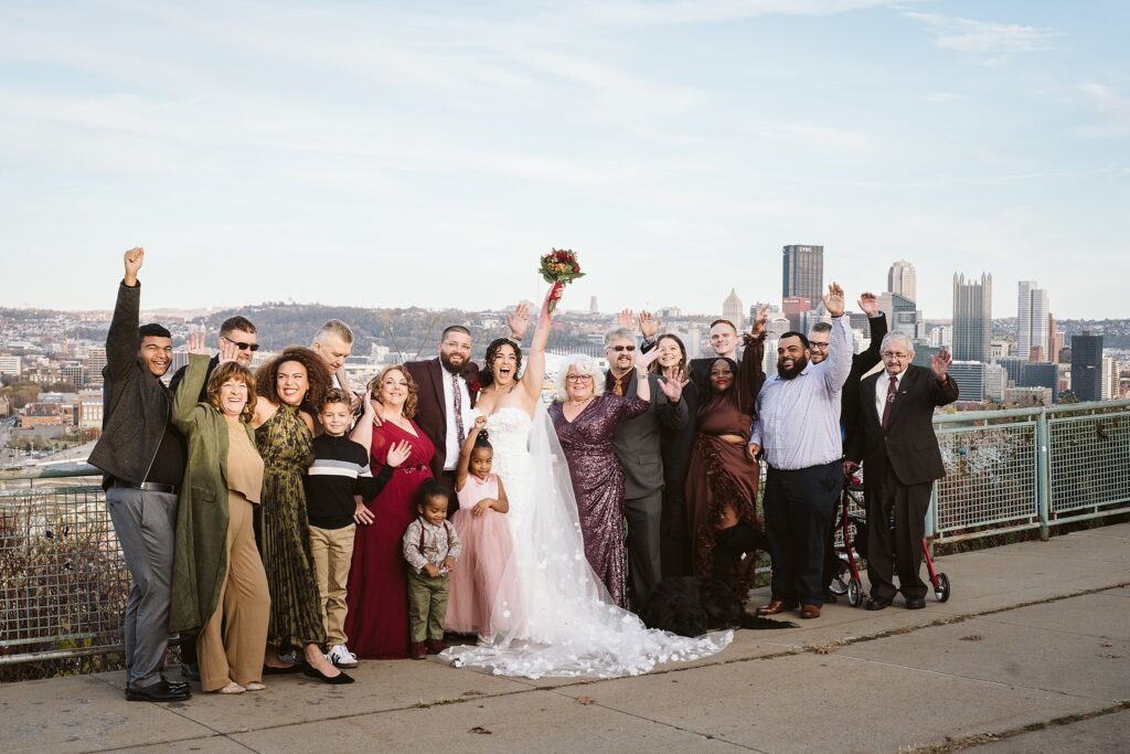 Bride and Groom with family on Wedding Day at West End Overlook, Pittsburgh