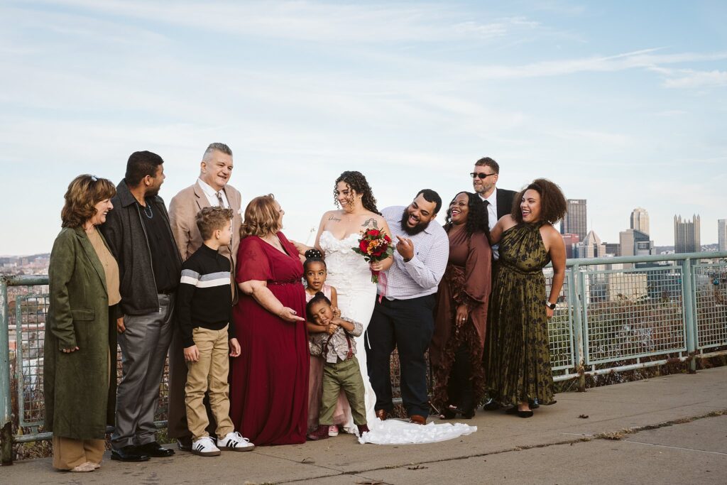 Bride and Groom with family on Wedding Day at West End Overlook, Pittsburgh