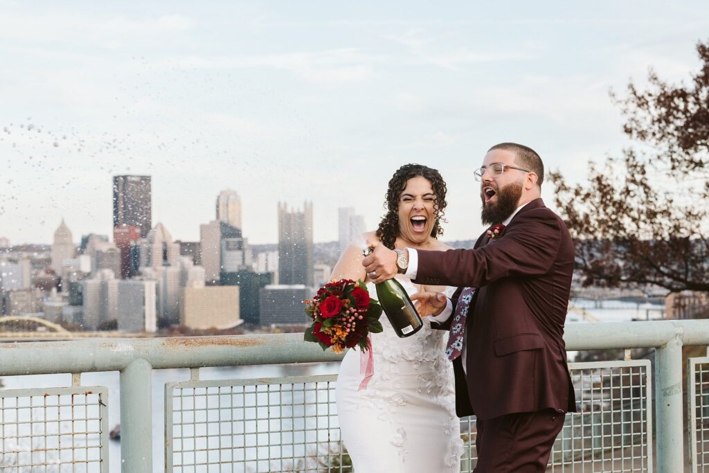 Bride and Groom with champagne on Wedding Day at West End Overlook, Pittsburgh