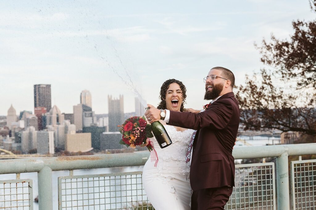 Bride and Groom with champagne on Wedding Day at West End Overlook, Pittsburgh