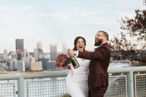 Bride and Groom with champagne on Wedding Day at West End Overlook, Pittsburgh