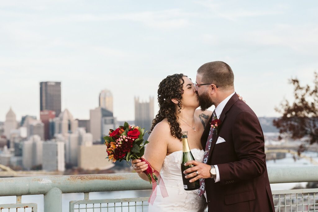 Bride and Groom with champagne on Wedding Day at West End Overlook, Pittsburgh