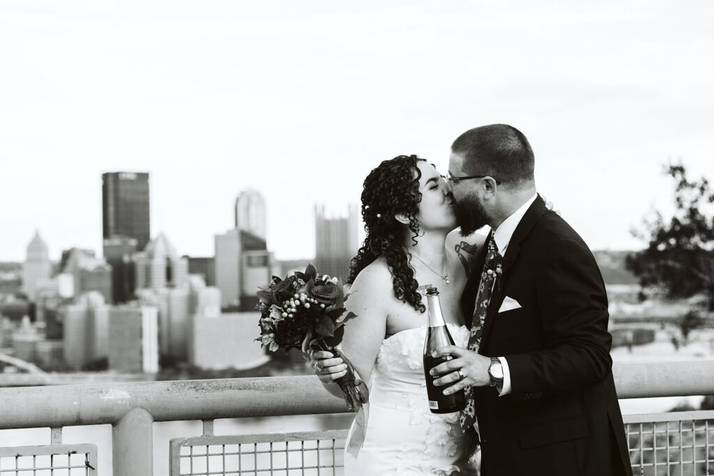 Bride and Groom with champagne on Wedding Day at West End Overlook, Pittsburgh