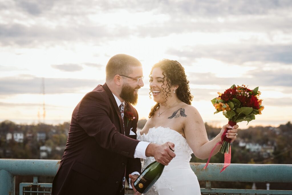 Bride and Groom with champagne on Wedding Day at West End Overlook, Pittsburgh