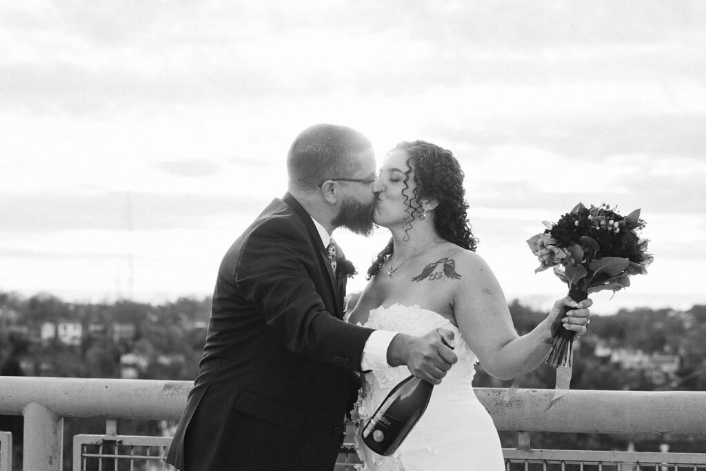 Bride and Groom with champagne on Wedding Day at West End Overlook, Pittsburgh