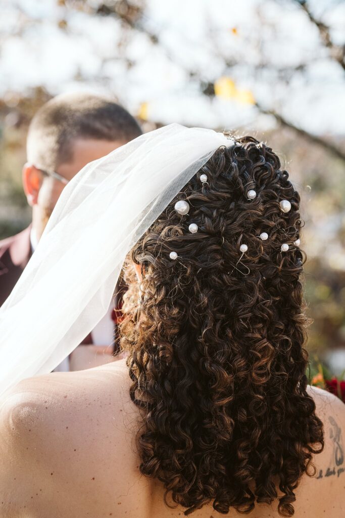 Bride's hair details on Wedding Day at West End Overlook, Pittsburgh