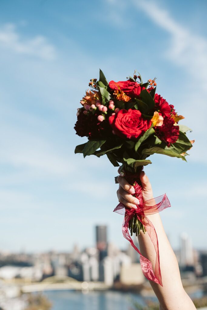 Bride's bouquet details on Wedding Day at West End Overlook, Pittsburgh