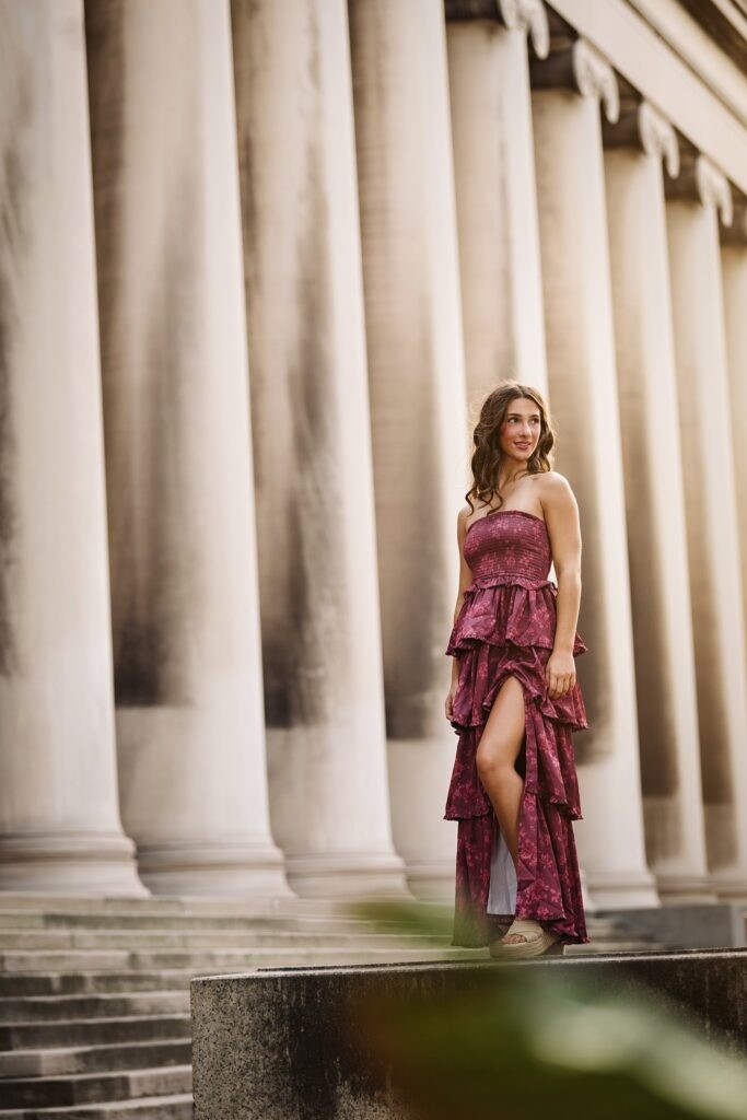 senior girl at Mellon Institute during golden hour