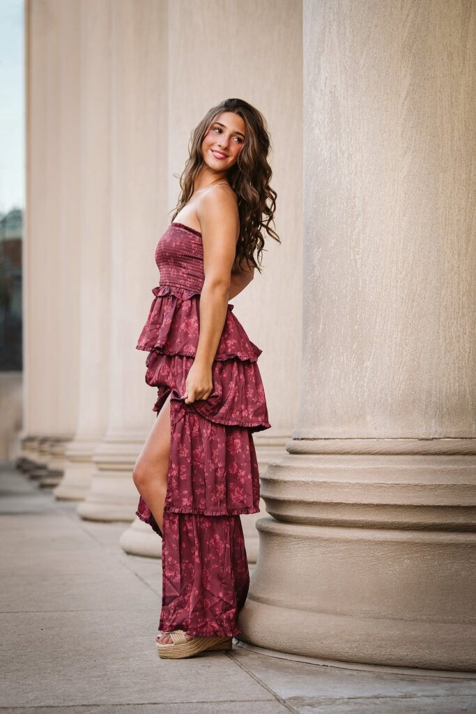 senior girl at Mellon Institute during golden hour