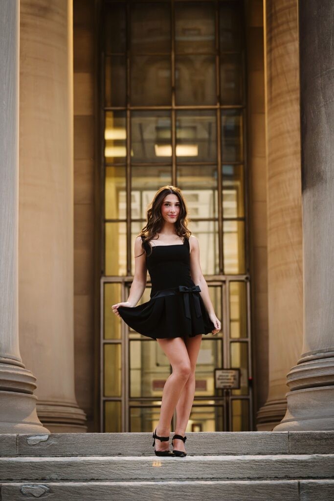 senior girl at Mellon Institute at night