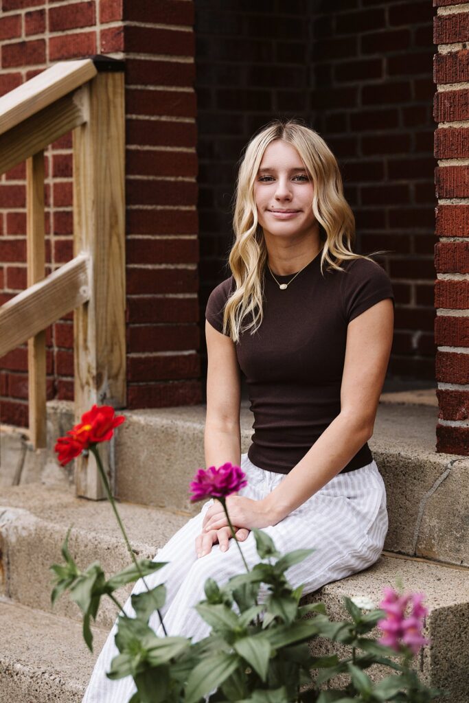 portrait of teen in front of brick porch in Mt. Lebanon, PA