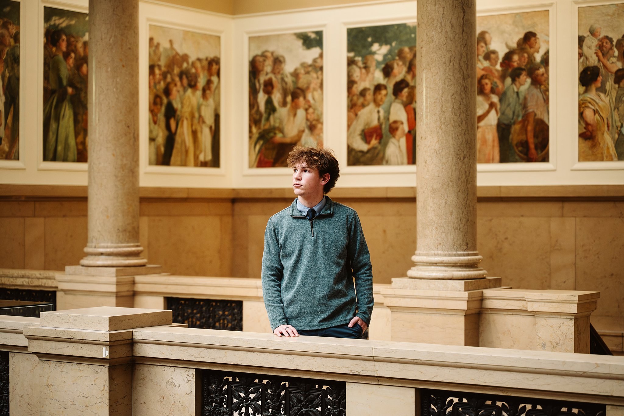 Artistic senior portraits for guys at the Carnegie Museum of Art in Pittsburgh, featuring clean lines and a high-fashion editorial style