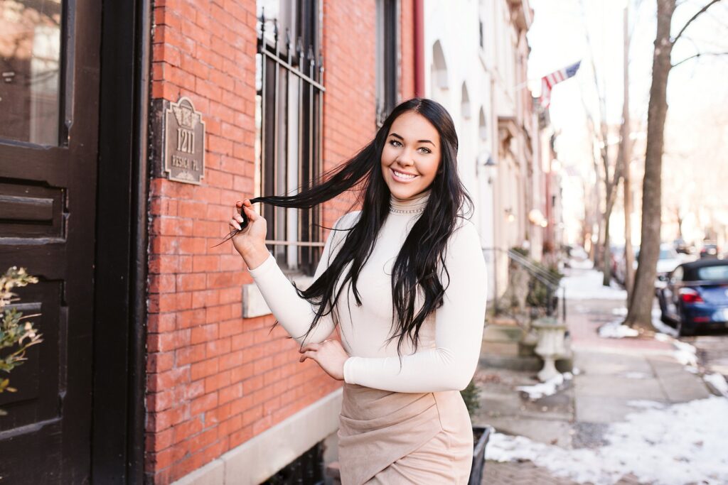 High School Senior portrait of a girl standing in the Mexican War Streets near Pittsburgh, PA